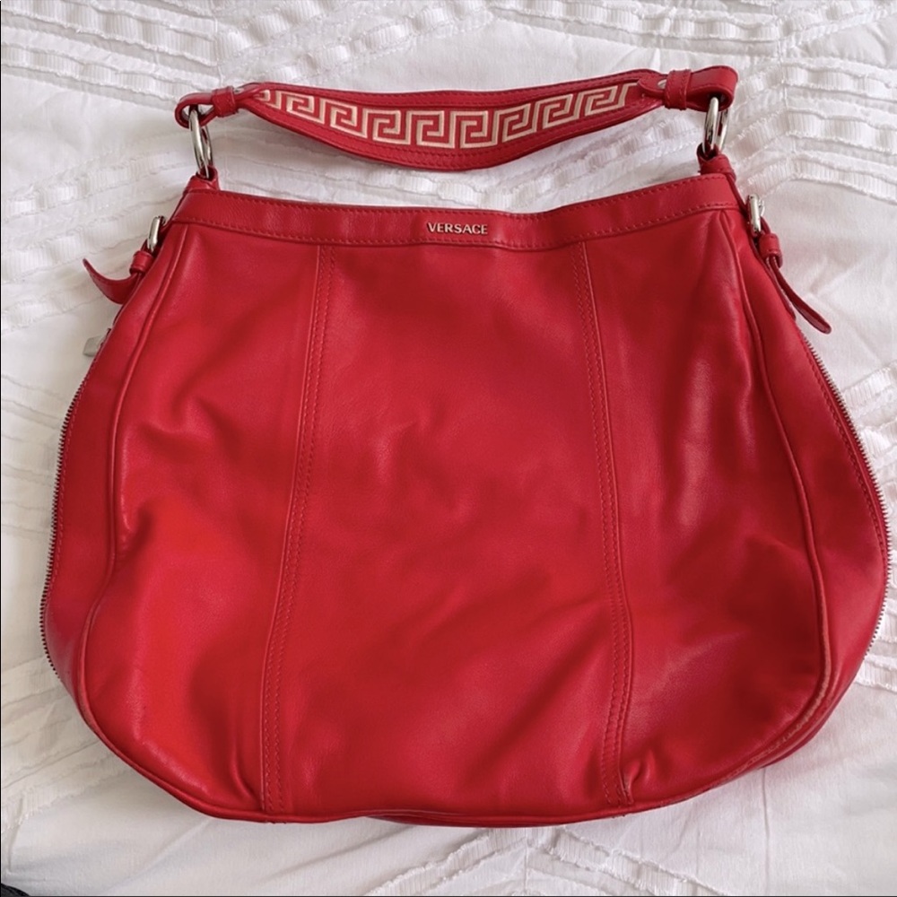 Versace red leather bucket bag